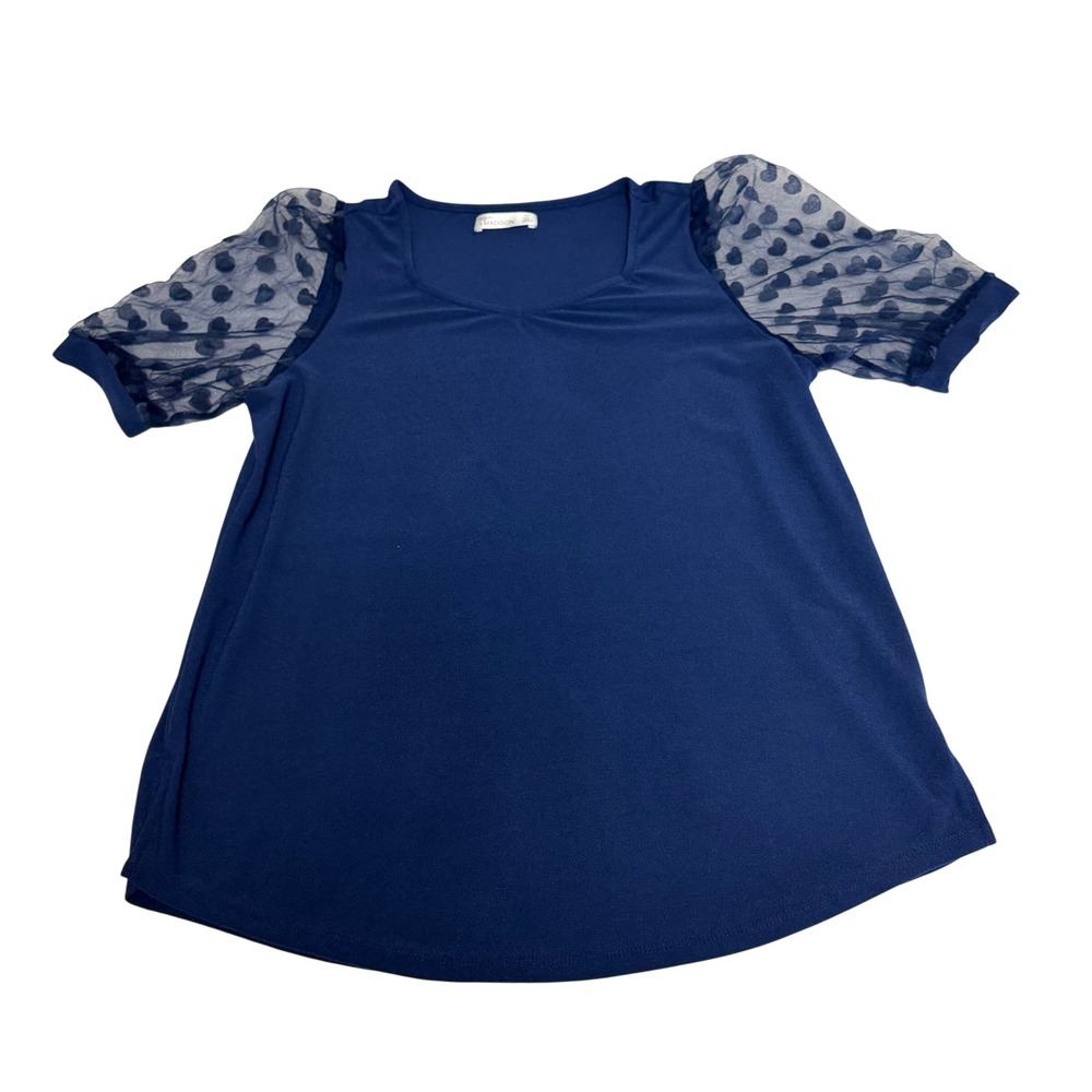 89th + Madison Womens Navy Blue Sheer Heart Puff Sleeve V-Neck Blouse Size M
